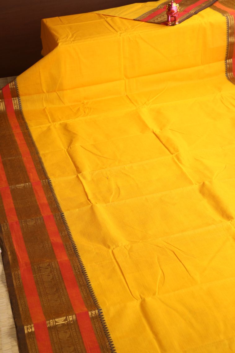Merigold Orange Chettinad Cotton Sarees with Gold Zari Plain view 2