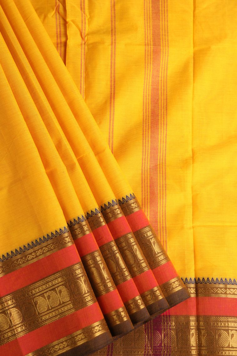 Merigold Orange Chettinad Cotton Sarees with Gold Zari Plain view 1