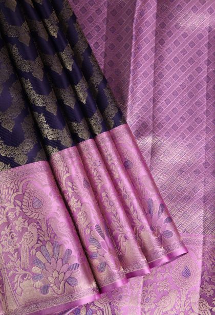 Indigo Blue Kanchipuram Silk Sarees with Gold Zari Neckless Pattern