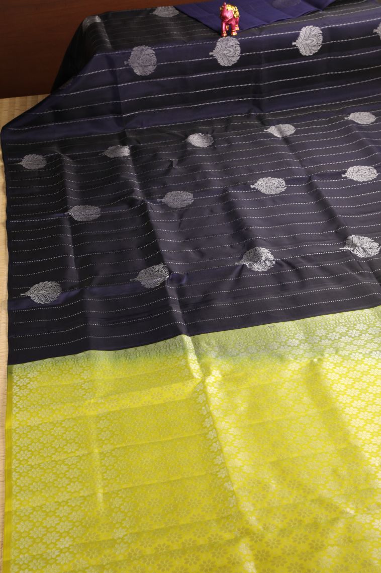 Indigo Blue Soft Silk Saree with Silver Zari Floral Puttas view 2