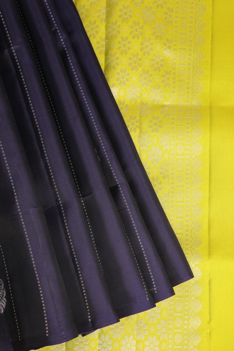 Indigo Blue Soft Silk Saree with Silver Zari Floral Puttas view 1