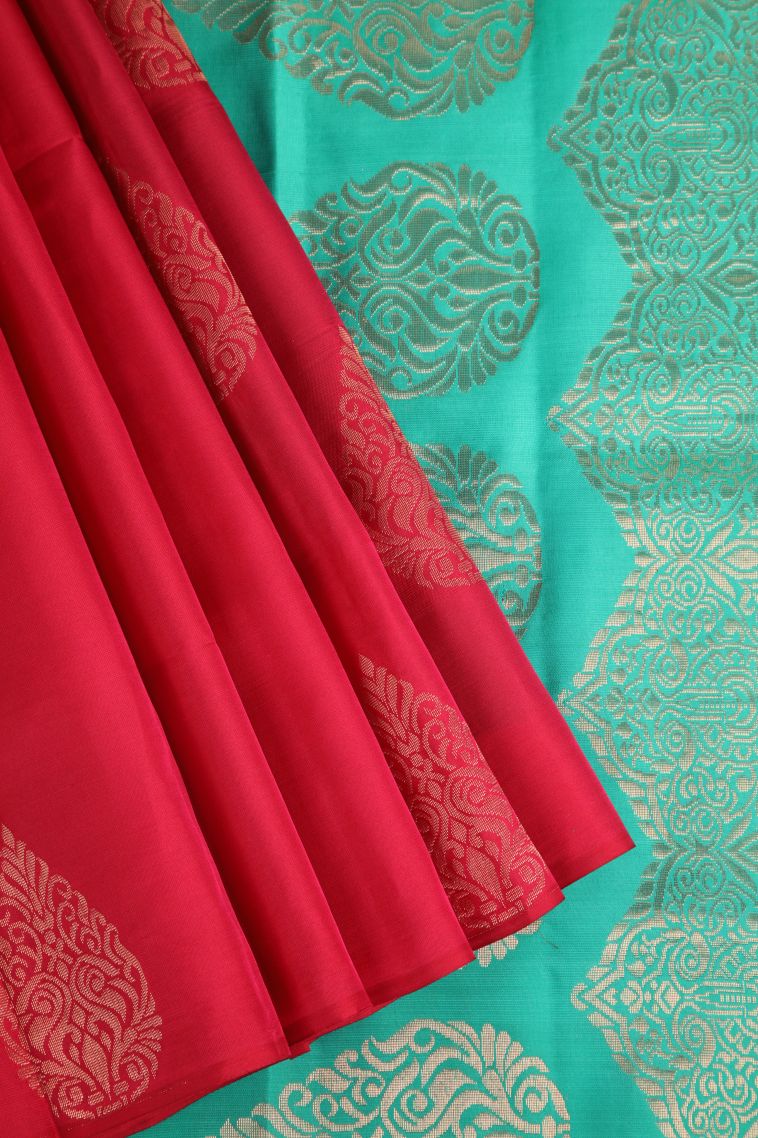 Candy Red Soft Silk Saree with Copper Zari Thilagam Puttas view 1