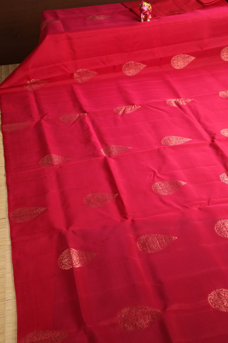 Candy Red Soft Silk Saree with Copper Zari Thilagam Puttas view 2