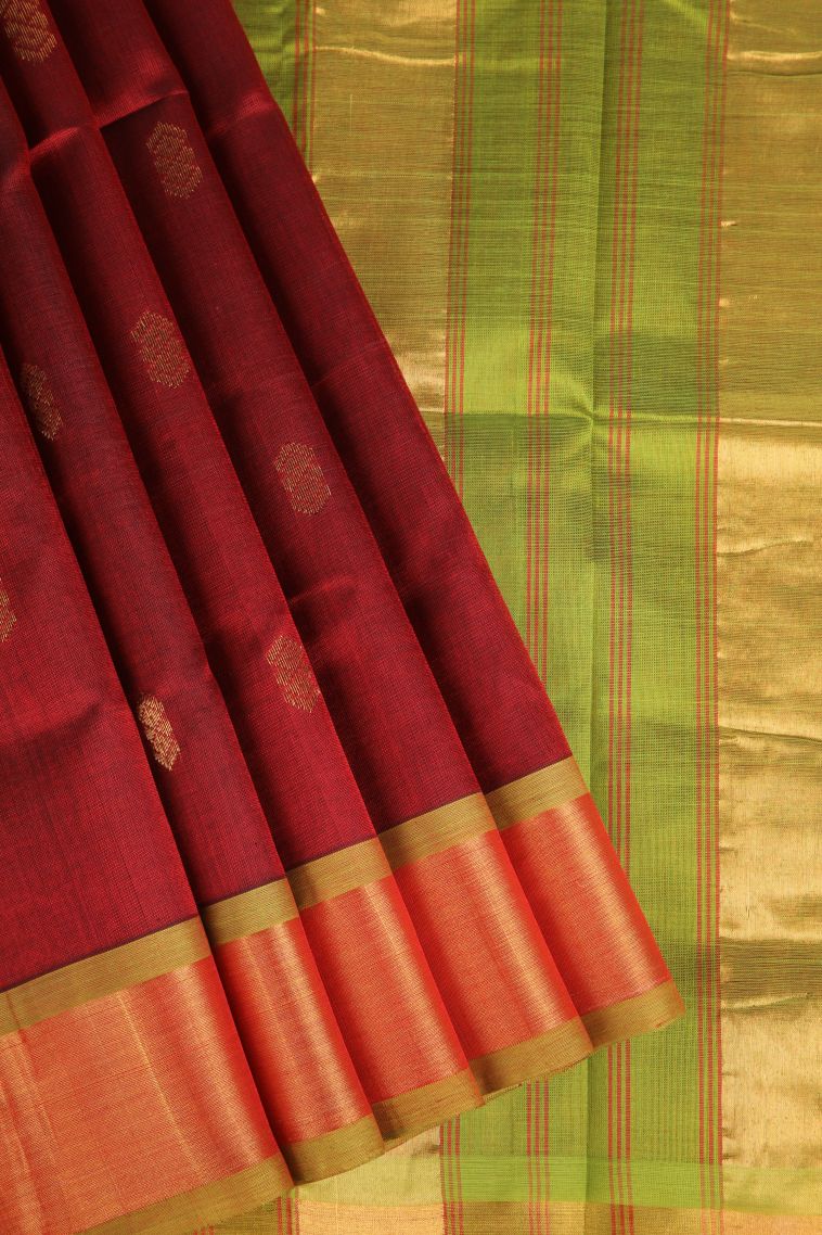 Apple Red Silk Cotton with Gold Zari Buttis (small Dots Or Motifs) view 1