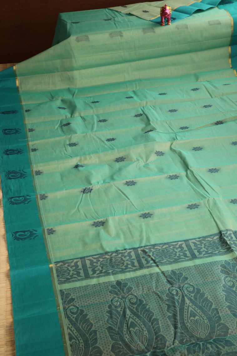 Mint Green Chettinad Cotton Sarees with Without Zari Zari Floral Puttas view 2