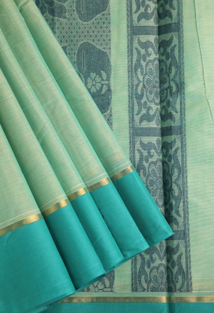 Mint Green Chettinad Cotton Sarees with Without Zari Zari Floral Puttas
