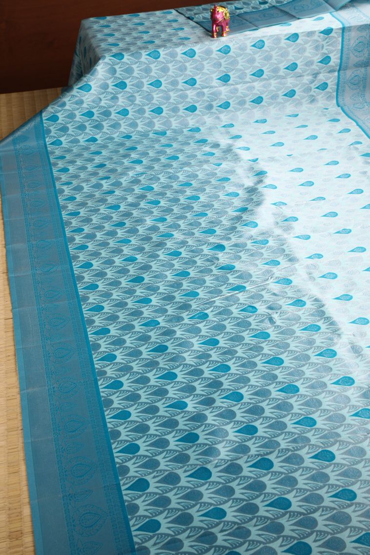 Arctic Blue Visiri Madippu Silk Sarees with Silver Zari Floral Patterns view 2