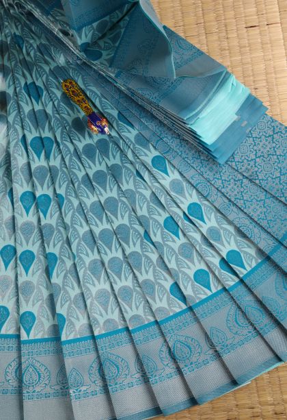 Arctic Blue Visiri Madippu Silk Sarees with Silver Zari Floral Patterns