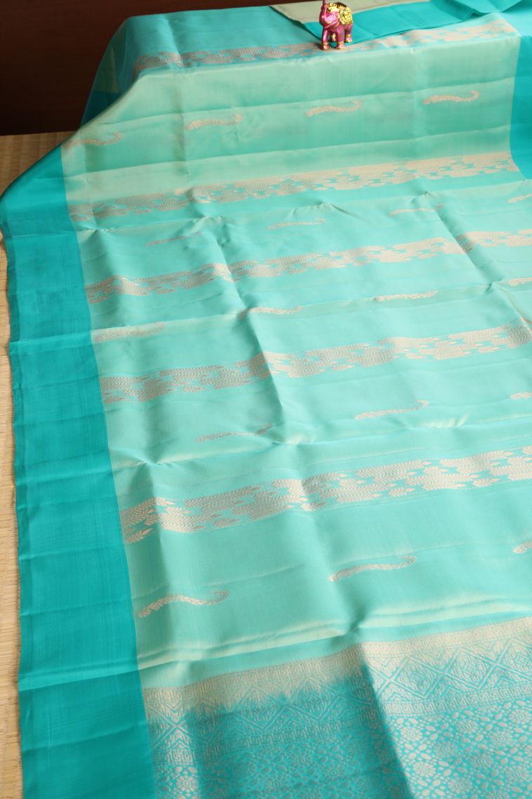 Mint Green Soft Silk Saree with Copper Zari Buttis (small Dots Or Motifs) view 2