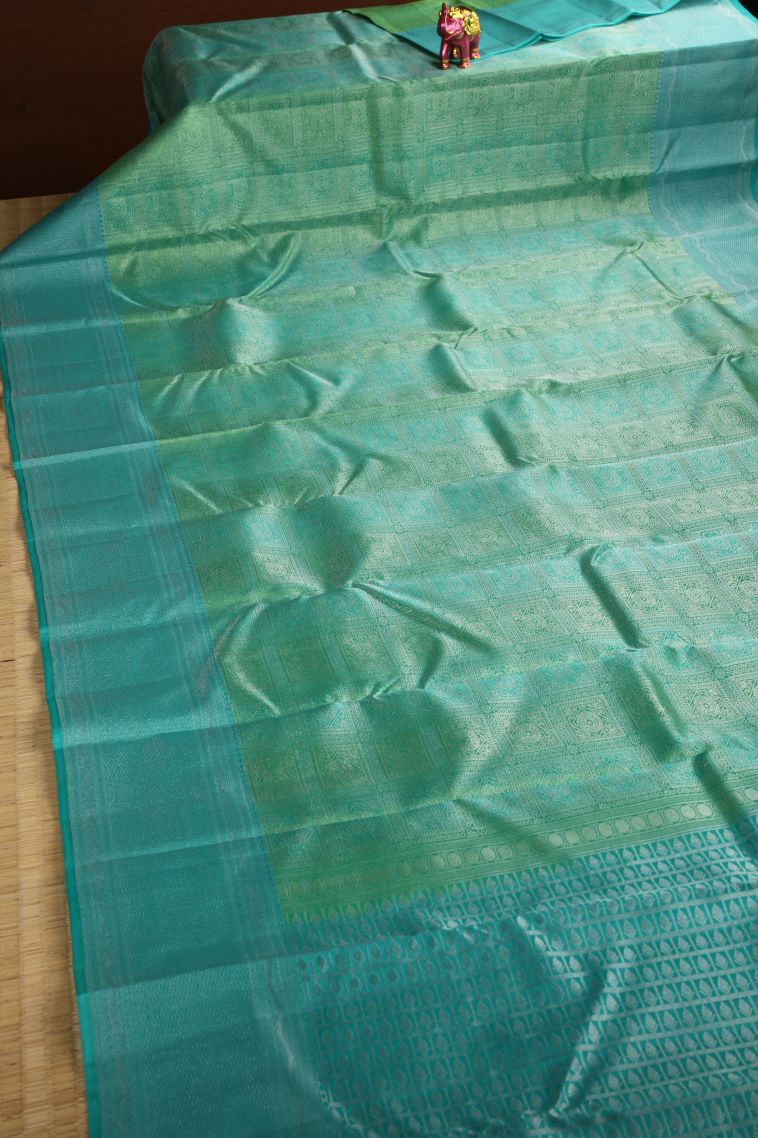 Mint Green Soft Silk Saree with Silver Zari Checks view 2