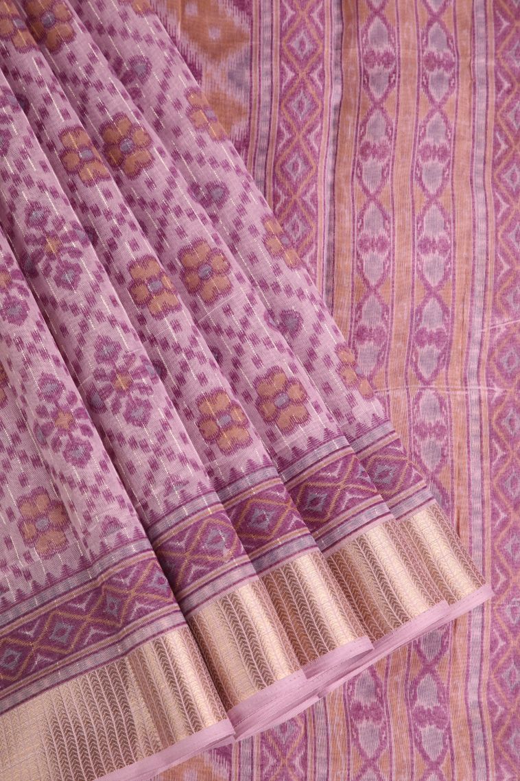 Lean Pink Tussar Cotton Sarees with Gold Zari Floral Patterns view 1
