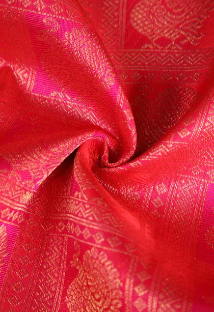 Mahome Red Kanchipuram Silk Sarees with Gold Zari Peacock Motifs