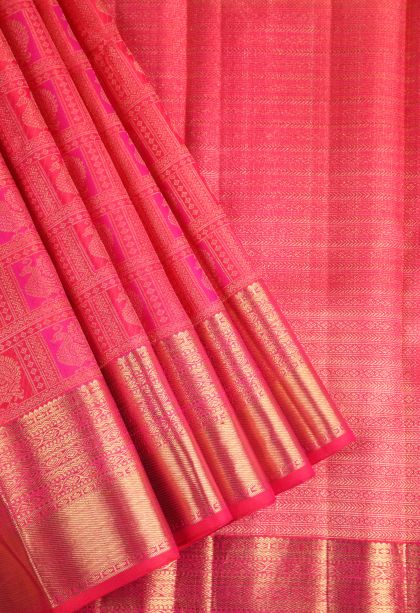 Mahome Red Kanchipuram Silk Sarees with Gold Zari Peacock Motifs