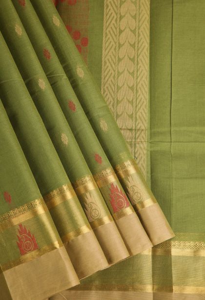 Basil Green Chettinad Cotton Sarees with Gold Zari Buttis (small Dots Or Motifs)