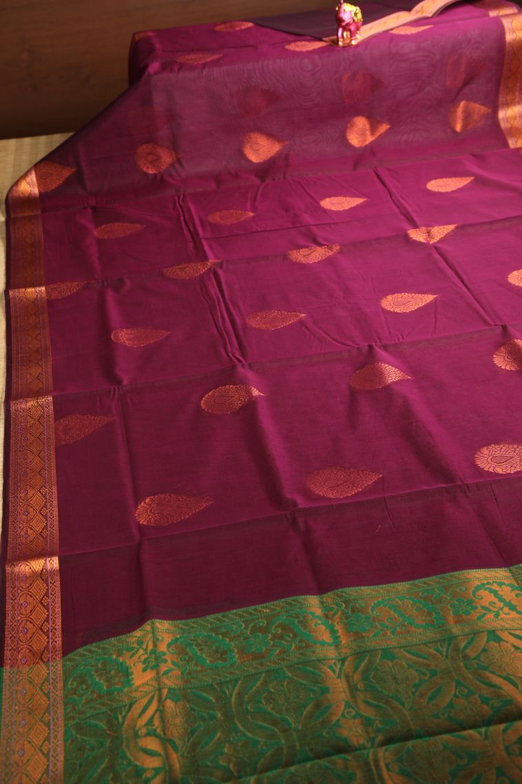 Magenta Purple Silk Cotton with Gold Zari Thilagam Puttas view 2