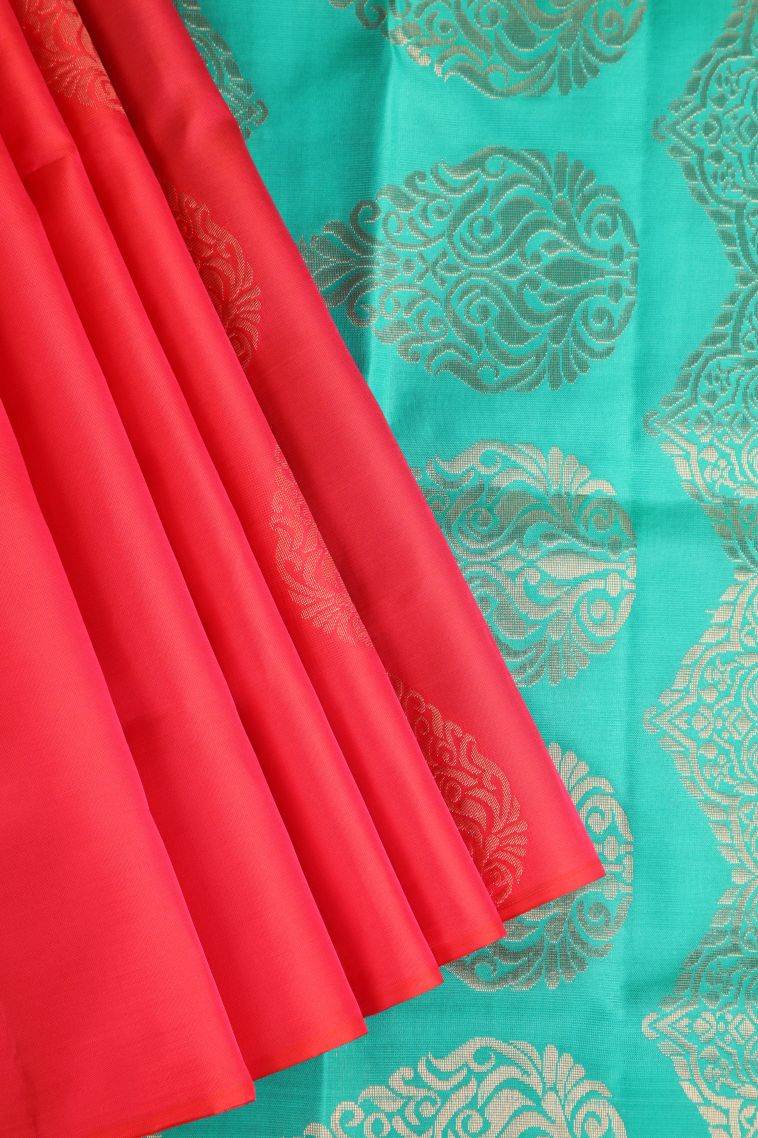 Rose  Red Soft Silk Saree with Copper Zari Floral Patterns view 1