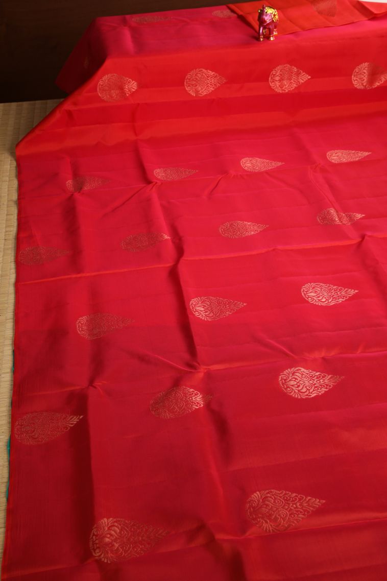 Rose  Red Soft Silk Saree with Copper Zari Floral Patterns view 2