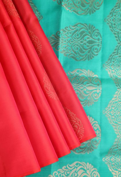 Rose  Red Soft Silk Saree with Copper Zari Floral Patterns