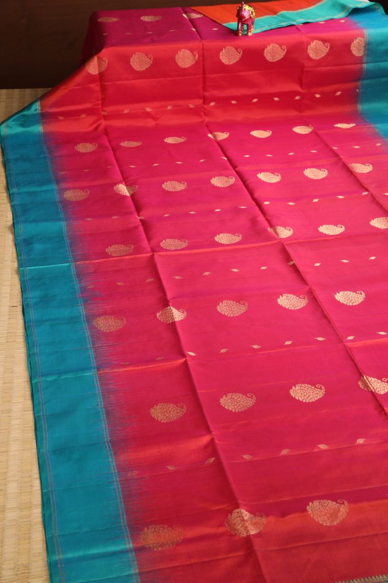 Strawberry Pink Soft Silk Saree with Gold Zari Mango Puttas view 2