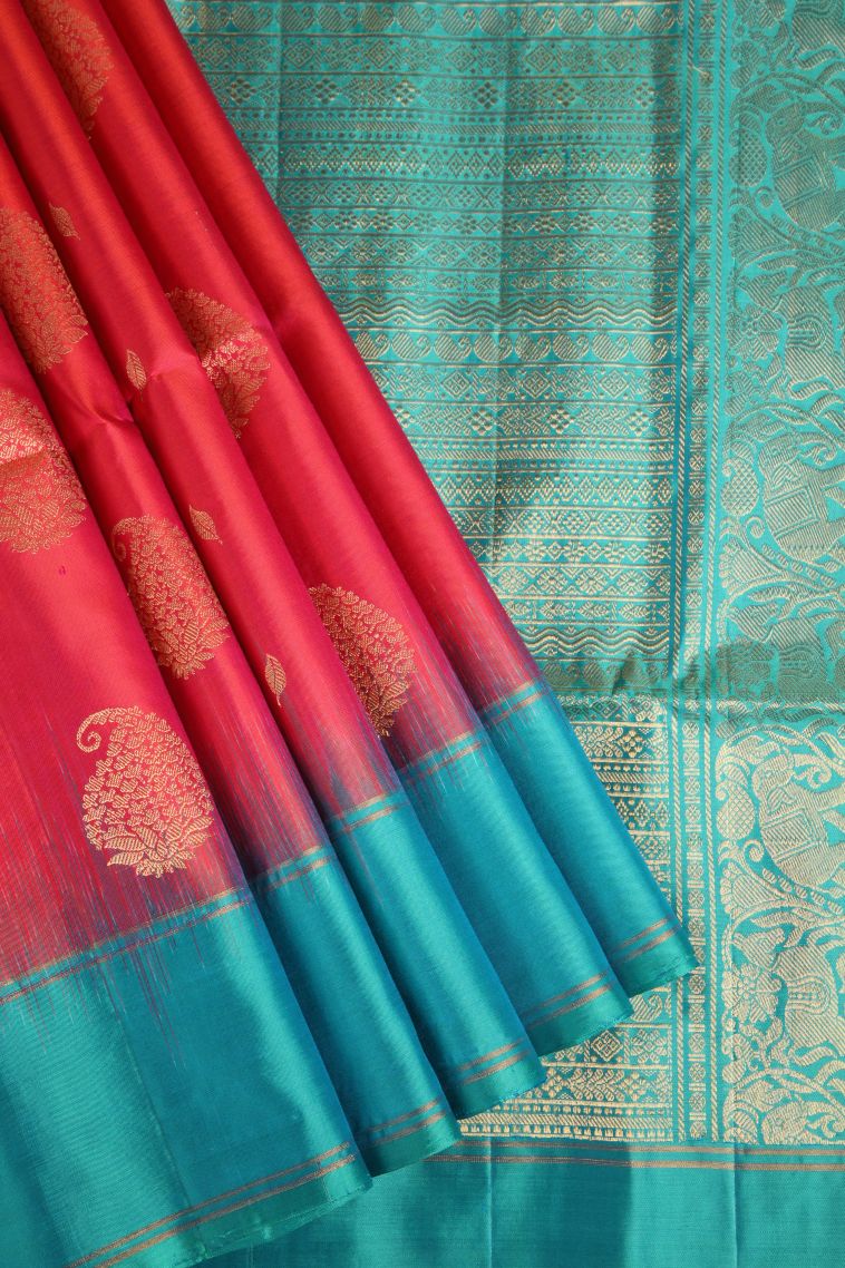 Strawberry Pink Soft Silk Saree with Gold Zari Mango Puttas view 1