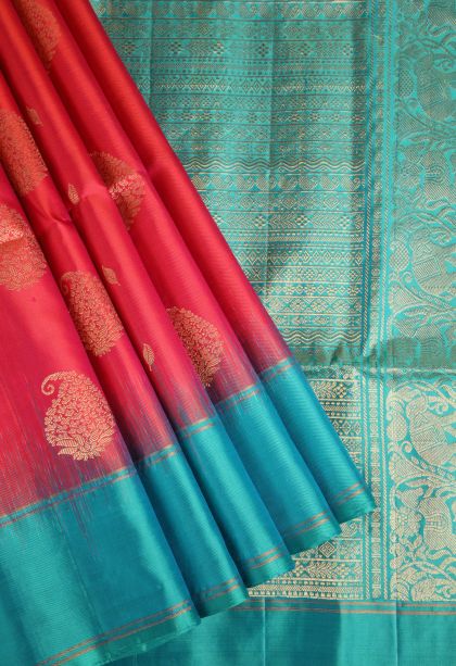 Strawberry Pink Soft Silk Saree with Gold Zari Mango Puttas