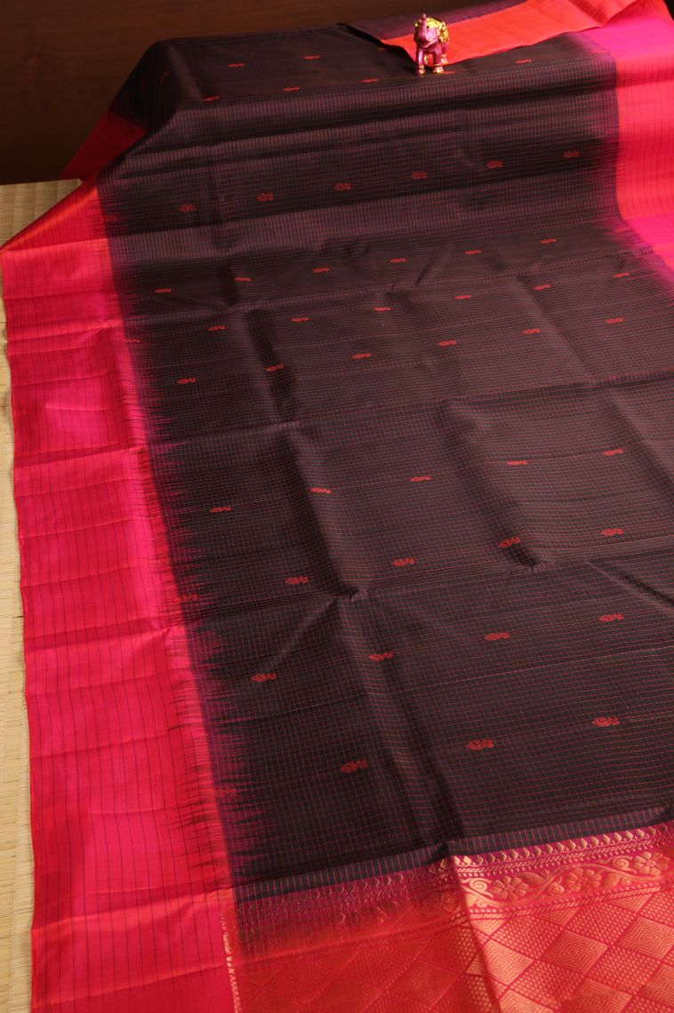 Rock Black Soft Silk Saree with Copper Zari Floral Patterns view 2