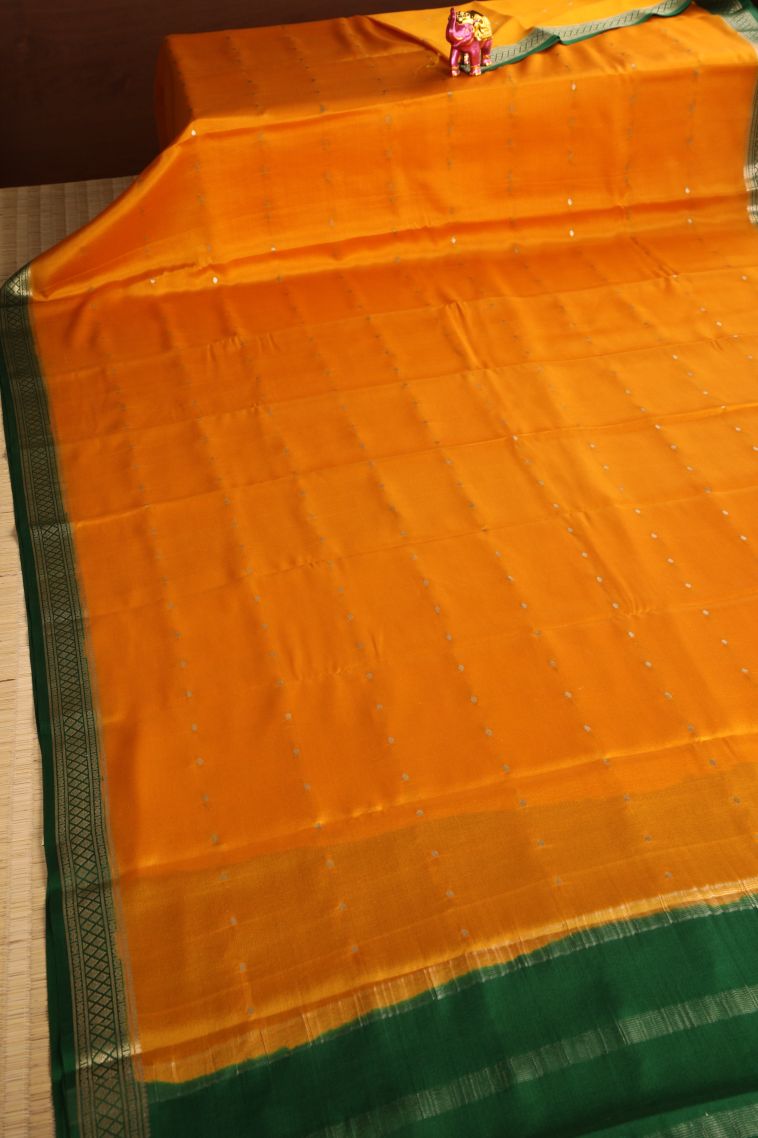 Honey Orange Mysore Silk with Gold Zari Buttis (small Dots Or Motifs) view 2