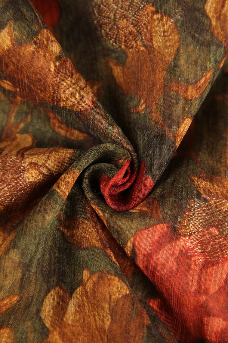 Basil Green Jute Sarees with Antic Zari Floral Patterns view 4