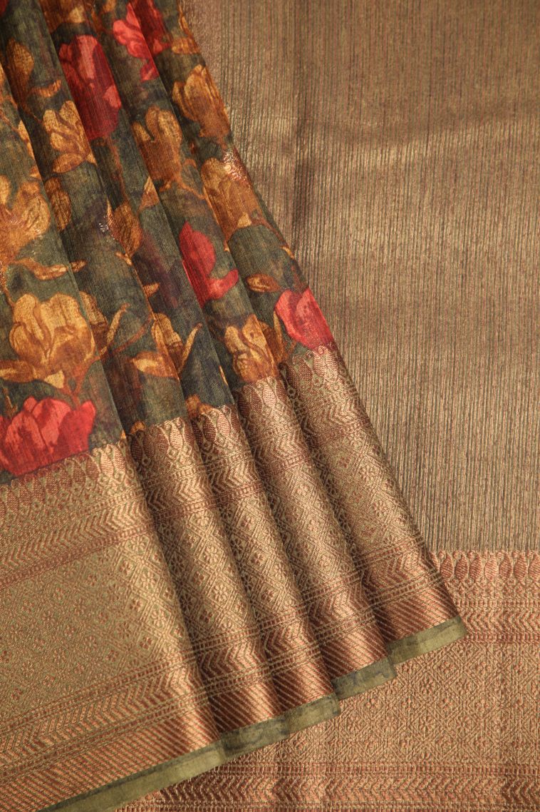 Basil Green Jute Sarees with Antic Zari Floral Patterns view 1