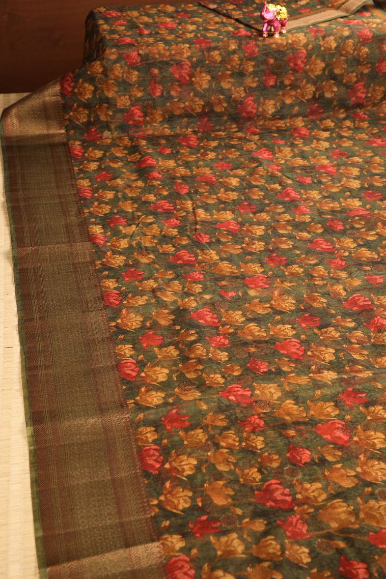 Basil Green Jute Sarees with Antic Zari Floral Patterns view 2