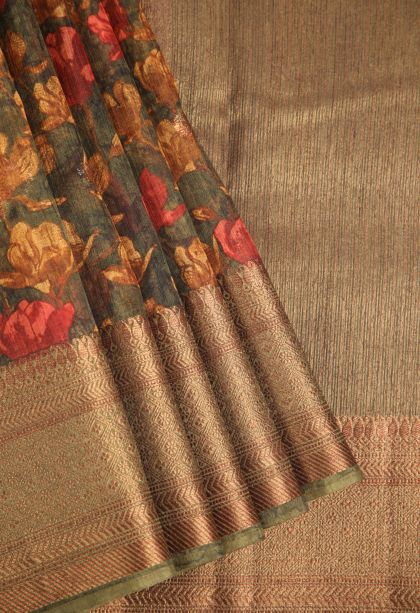 Basil Green Jute Sarees with Antic Zari Floral Patterns