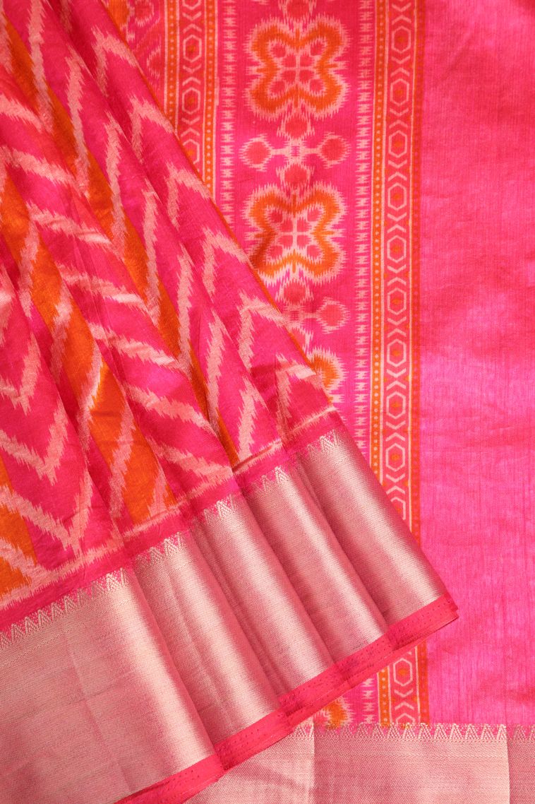 Rose  Red Semi Tussar Silk with Gold Zari Geometric Shapes view 1