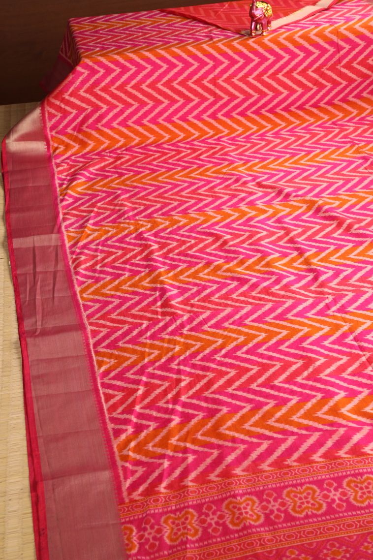 Rose  Red Semi Tussar Silk with Gold Zari Geometric Shapes view 2