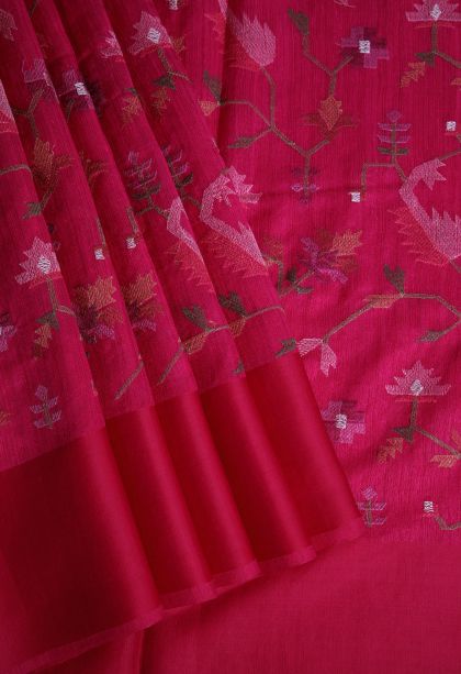 Rose  Red Jute Sarees with Without Zari Zari Floral Patterns