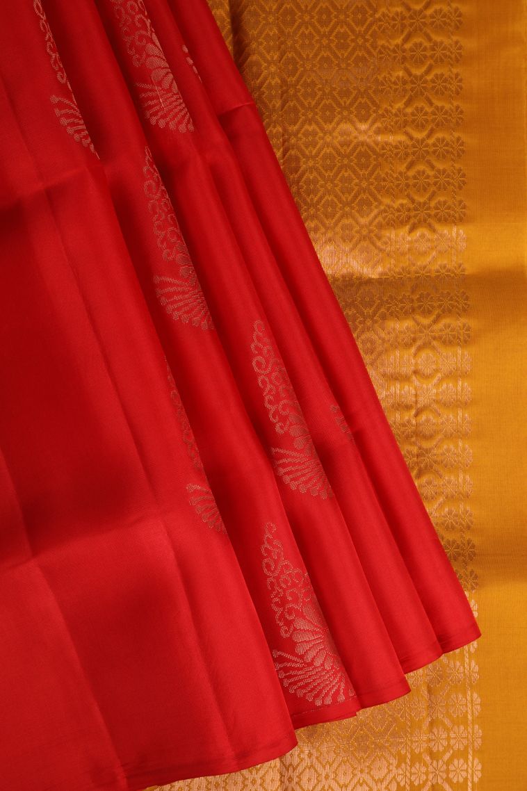 Rose  Red Soft Silk Saree with Copper Zari Floral Patterns view 1