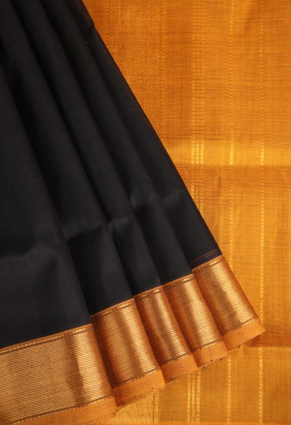 Asphalt Black Silk Cotton with Gold Zari Plain Zari