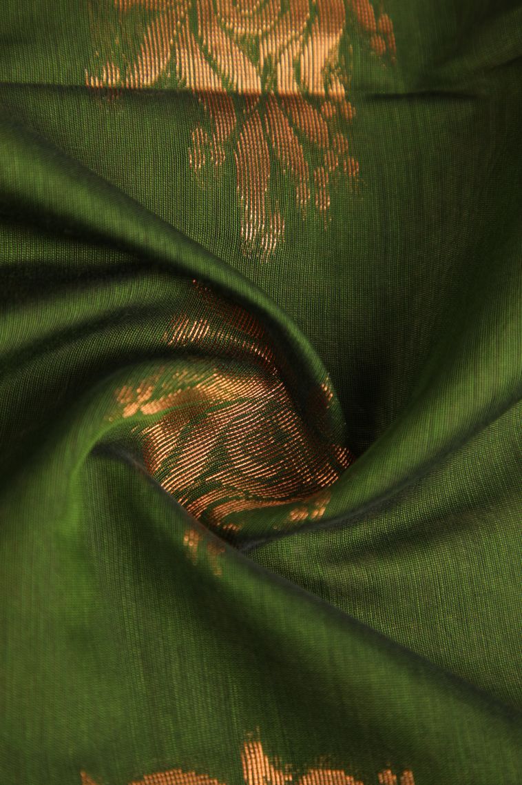 Basil Green Silk Cotton with Gold Zari Floral Puttas view 4