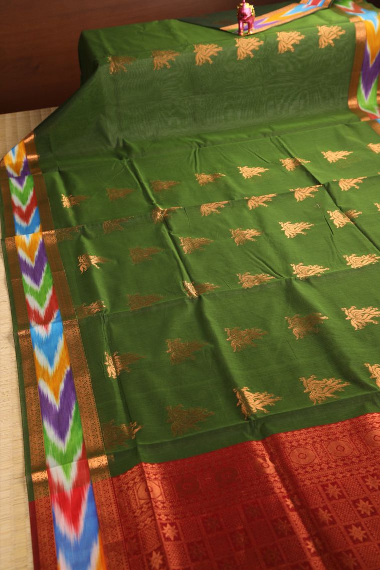 Basil Green Silk Cotton with Gold Zari Floral Puttas view 2