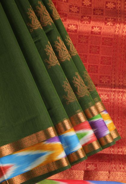 Basil Green Silk Cotton with Gold Zari Floral Puttas