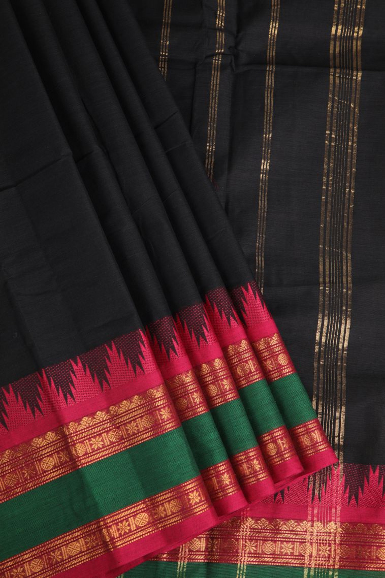 Asphalt Black Chettinad Cotton Sarees with Gold Zari Plain view 1