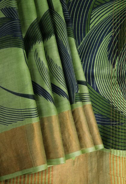 Fern Green Tussar Saree with Gold Zari Geometric Shapes