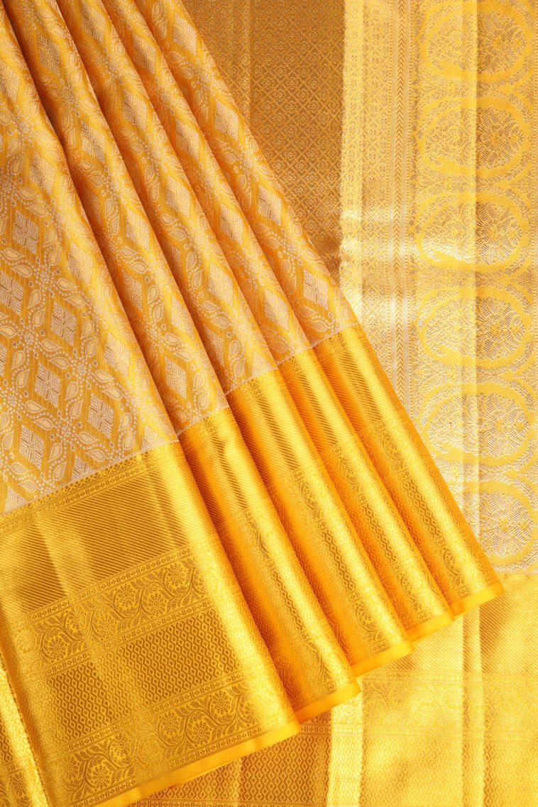 Beige Yellow Kanchipuram Silk Sarees with Gold Zari Floral Patterns view 1