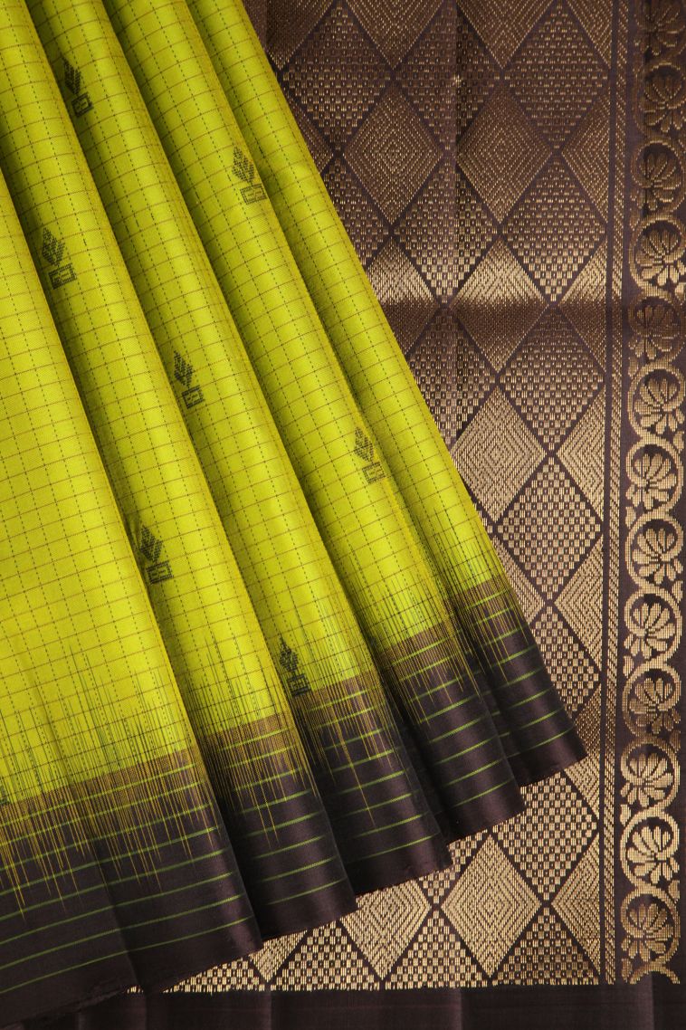 Lime Green Soft Silk Saree with Gold Zari Floral Patterns view 1