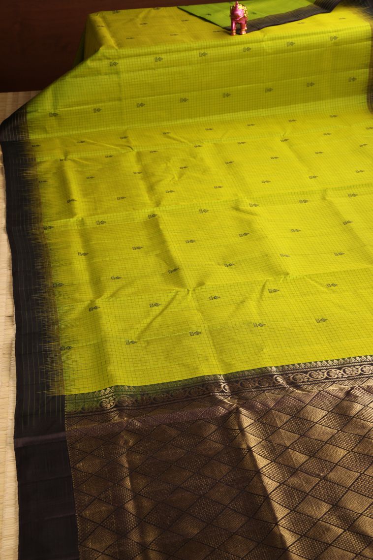 Lime Green Soft Silk Saree with Gold Zari Floral Patterns view 2