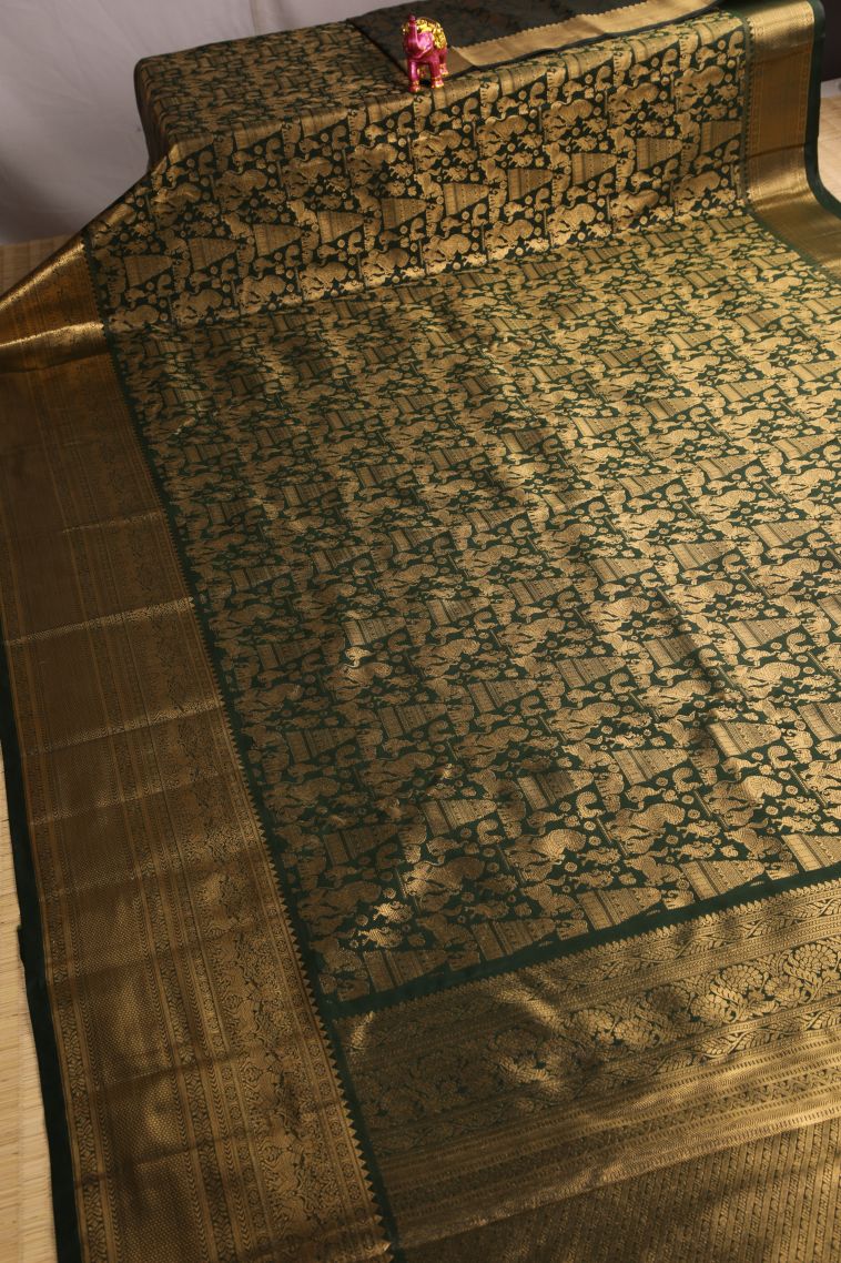 Bottle Green Apoorva Silk Sarees with Gold Zari Animal And Bird Motifs ...