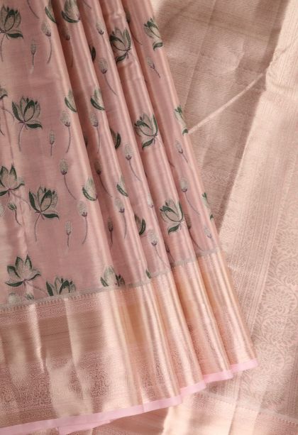 Crepe Pink Tissue Silk Sarees with Gold Zari Floral Patterns