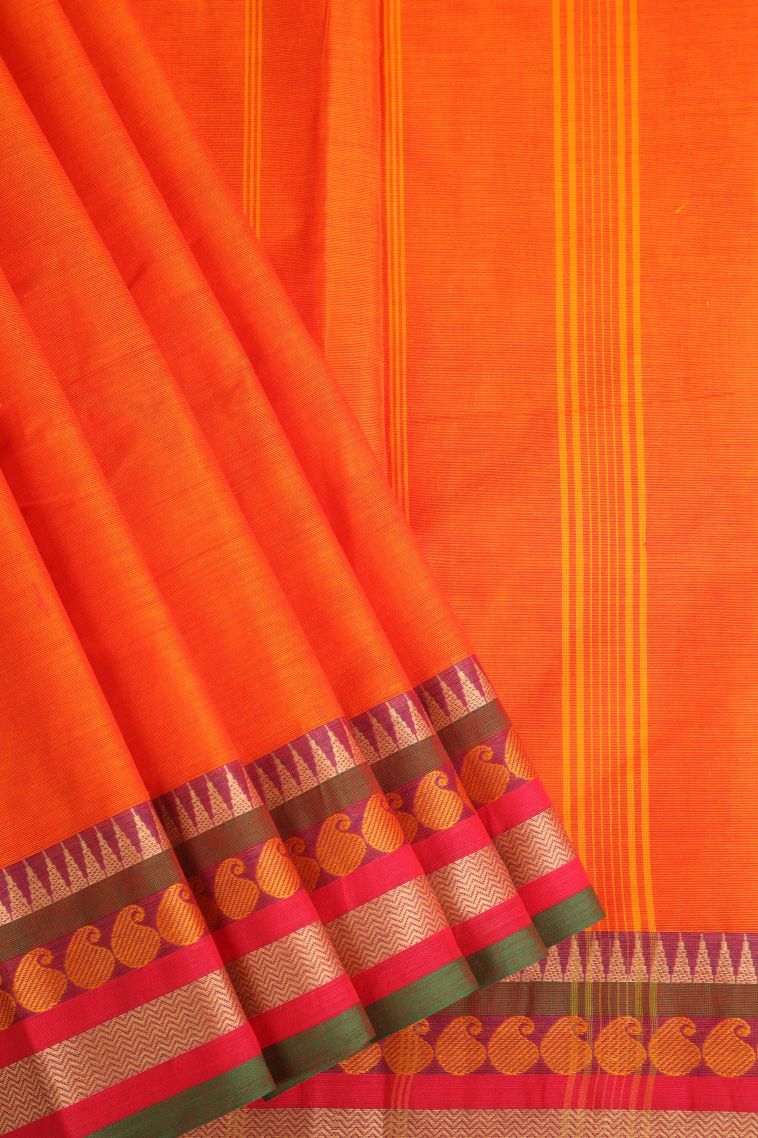 Clay Orange Chettinad Cotton Sarees with Without Zari Zari Plain view 1