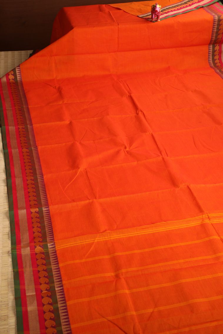 Clay Orange Chettinad Cotton Sarees with Without Zari Zari Plain view 2