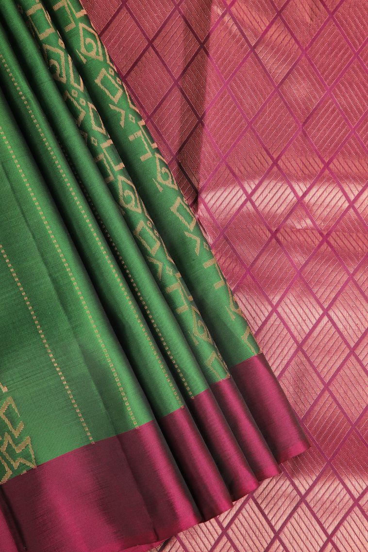 Basil Green Soft Silk Saree with Copper Zari Geometric Shapes view 1