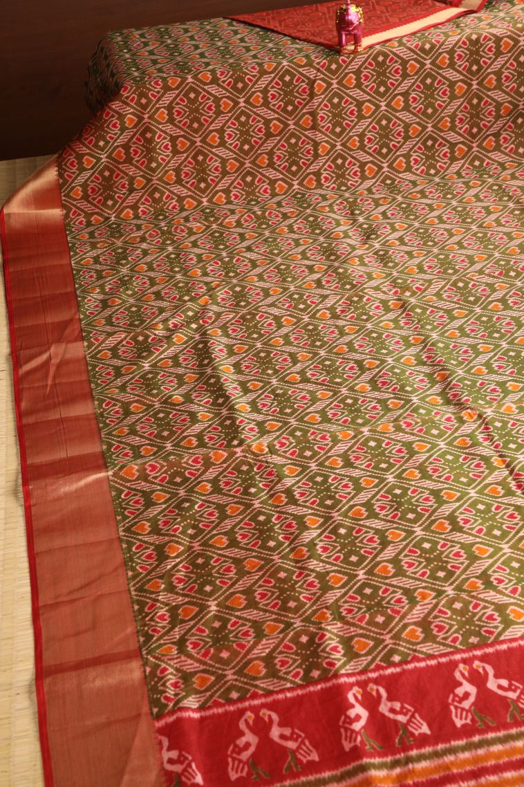 Sage Green Semi Tussar Silk with Gold Zari Pochamballi Pattern view 2